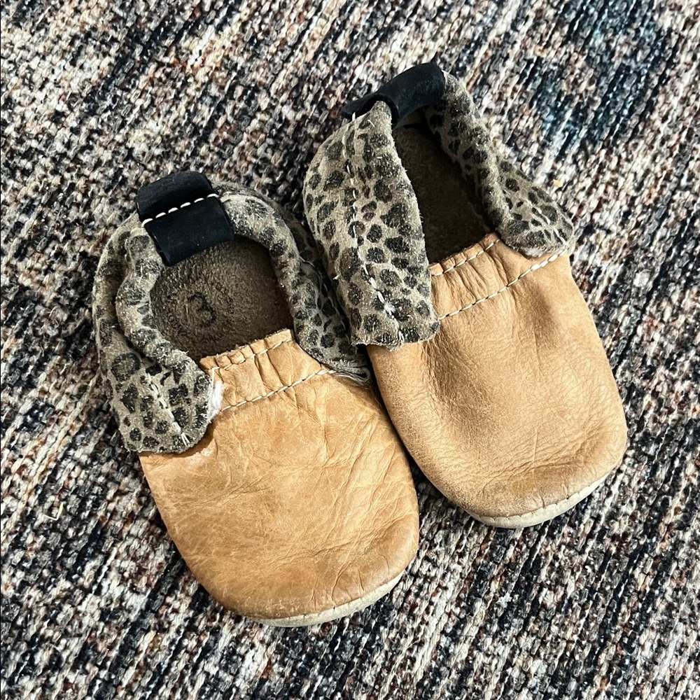 Heyfolks Tan Baby Leather Moccasins with Leopard Print